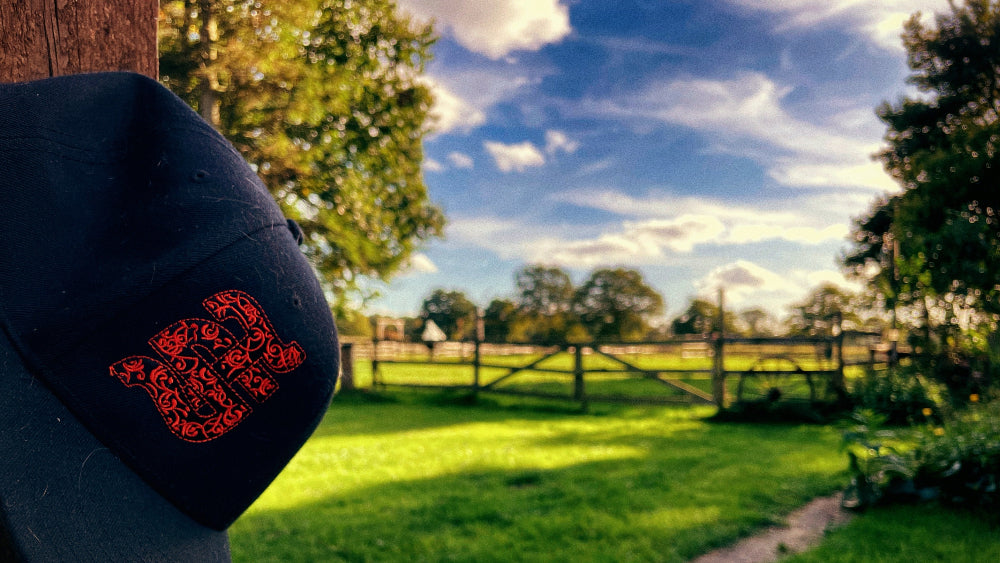 A close-up of a black baseball cap with a red embroidered graphic on the side, shown outdoors against a blurred background of a green field, fence, and blue sky.