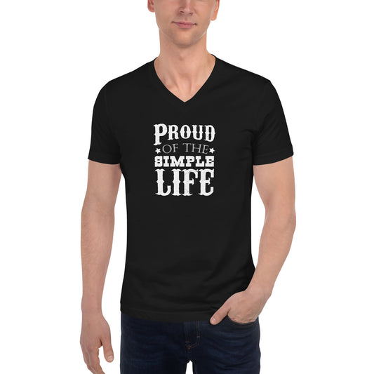 Unisex-Kurzarm-T-Shirt mit V-Ausschnitt "Proud Of The Simple Life"