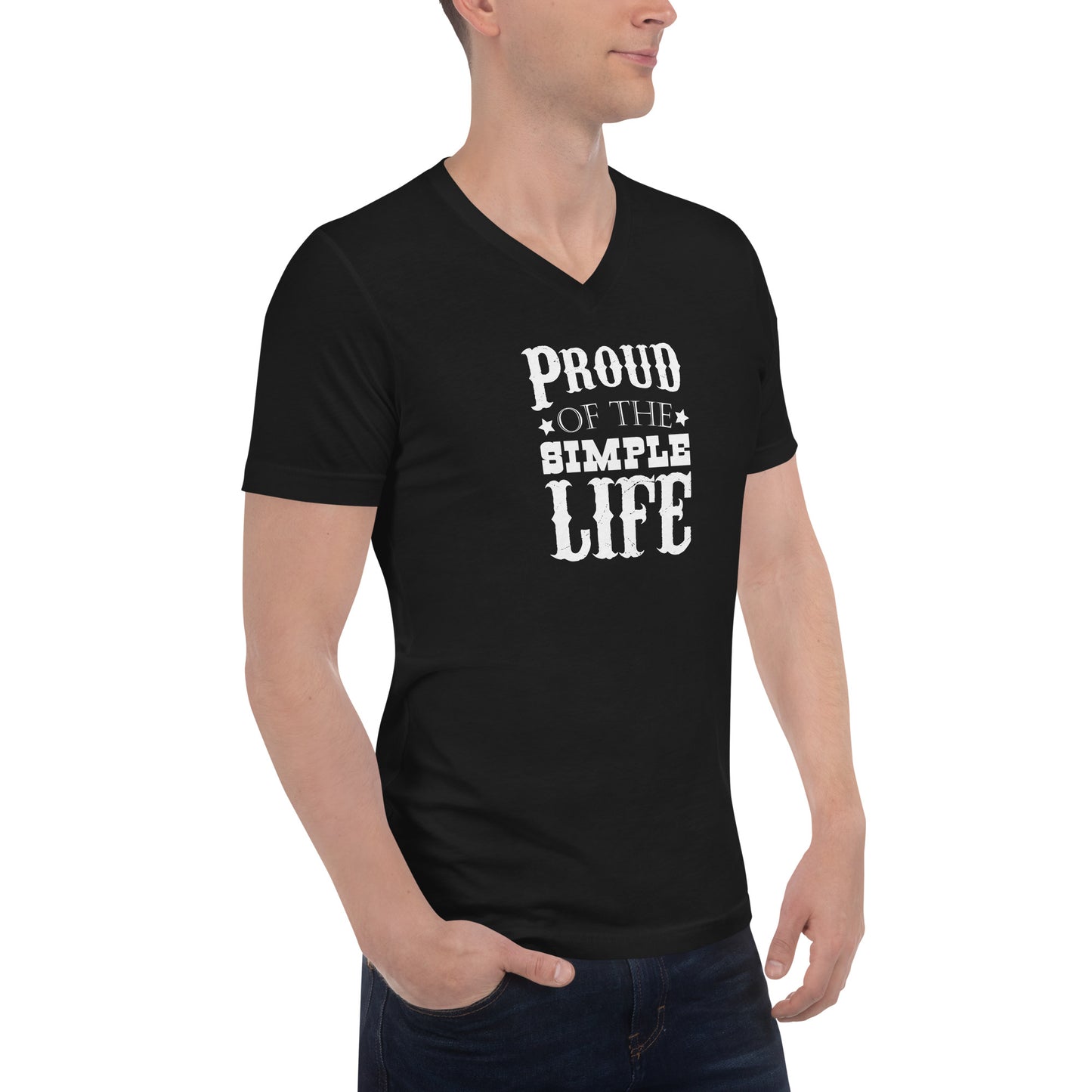 Unisex-Kurzarm-T-Shirt mit V-Ausschnitt "Proud Of The Simple Life"